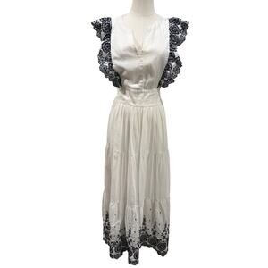 White Black Embroidered Maxi Dress Flutter Sleeves Boho Large Cottagecore